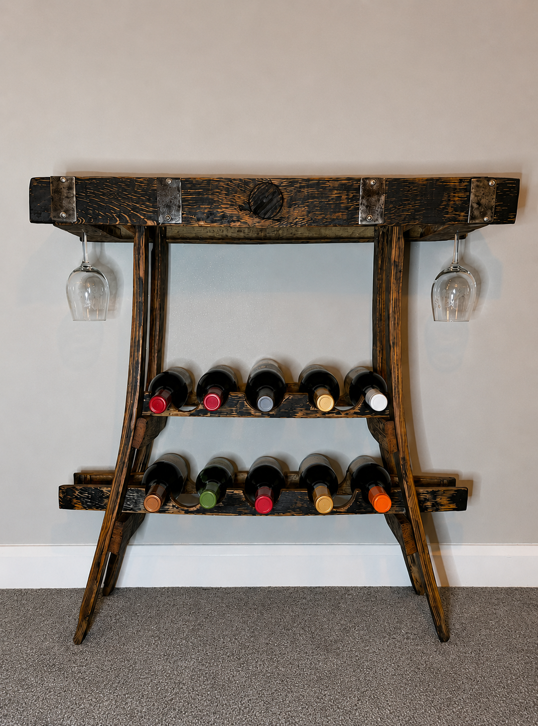 Rustic Oak Barrel Wine Rack & Slimline Side Table