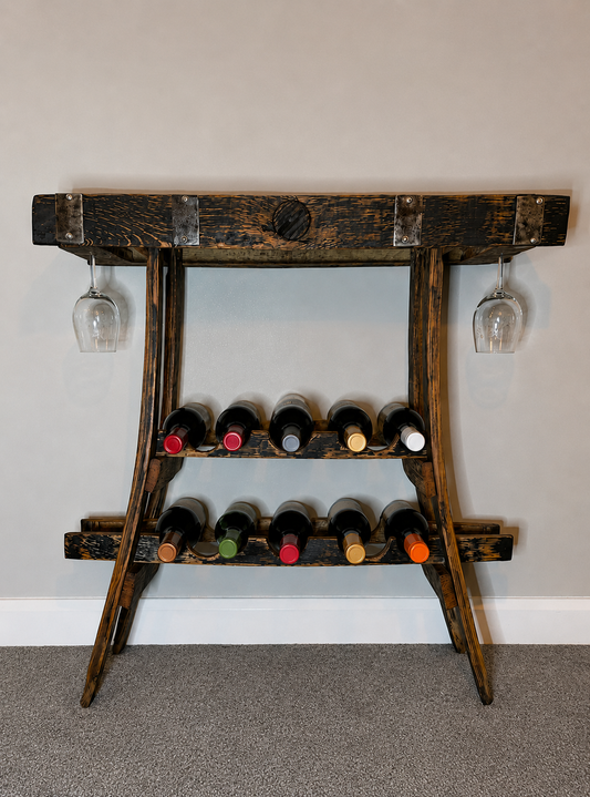 Rustic Oak Barrel Wine Rack & Slimline Side Table