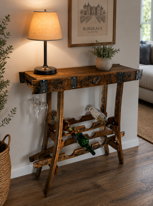 Rustic Oak Barrel Wine Rack & Slimline Side Table